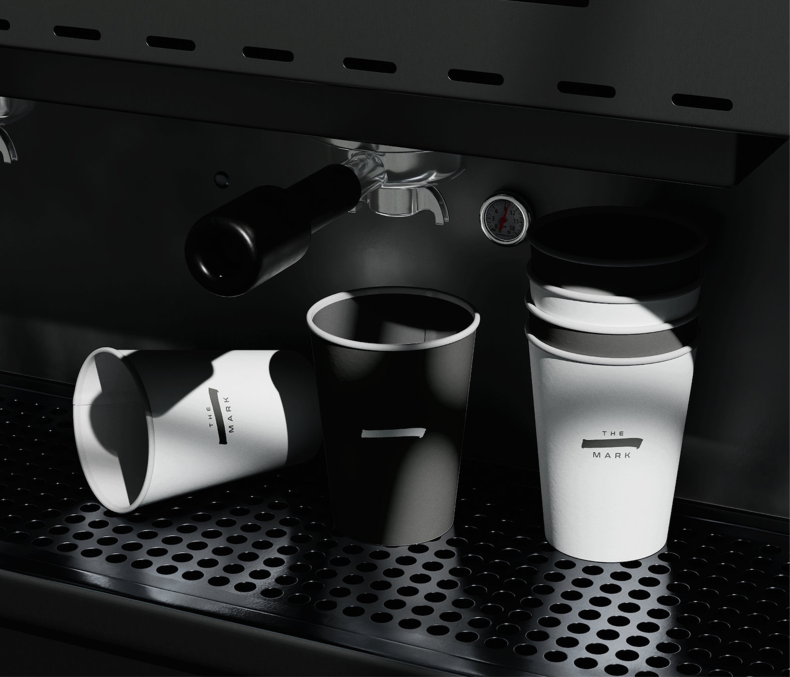 The Mark, espresso machine and branded cups